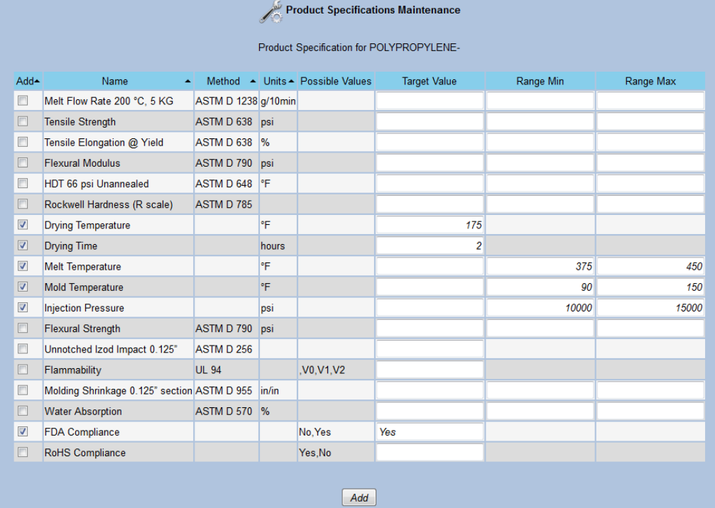 QA Enter Product Specification Test Values