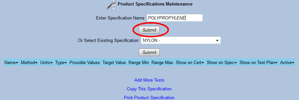 QA Product specification maintenance screen